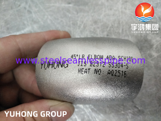 JIS B2312 SS304-S Fittings Pemanasan Butt dari Baja Tidak Karat 45° 90° LR Elbow