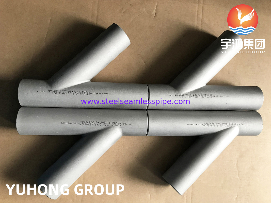 Duplex Steel ASTM A815 S31803, Y-Shaped Tee, Butt Weld Pipe Fitting B16.9